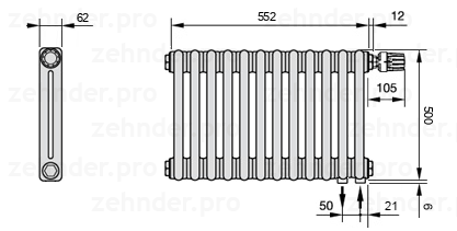 Схема (чертеж) Радиатор Zehnder Charleston 2050/12 №V002 Белый глянцевый RAL 9016
